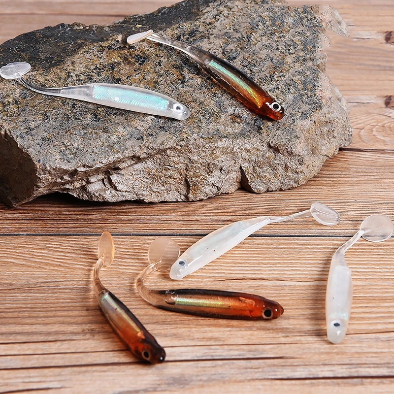 

3PCS 3D Eyes Fishing Soft Bait 10CM 4.8G T Tail fish Fishing Lures White Brown Color Sequin Swing Fishing Spinner Bait