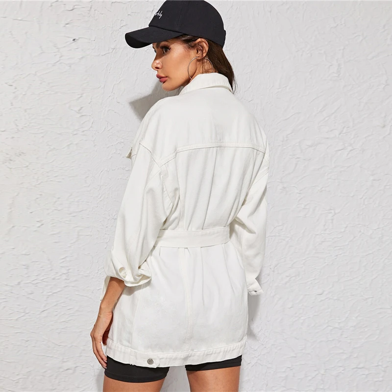 SHEIN белая выбеленная длинная джинсовая куртка с поясом Женская осенне-Весенняя верхняя одежда с воротником на пуговицах