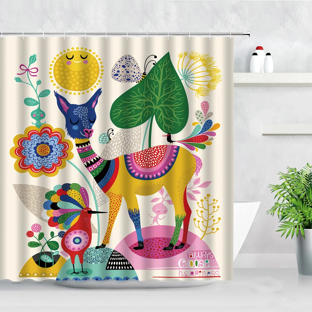 

Cartoon Painted Animals Shower Curtains Owl Bird Elephant Fish Flower Plant Print Children Bathroom Decor Hooks Bath Curtain Set