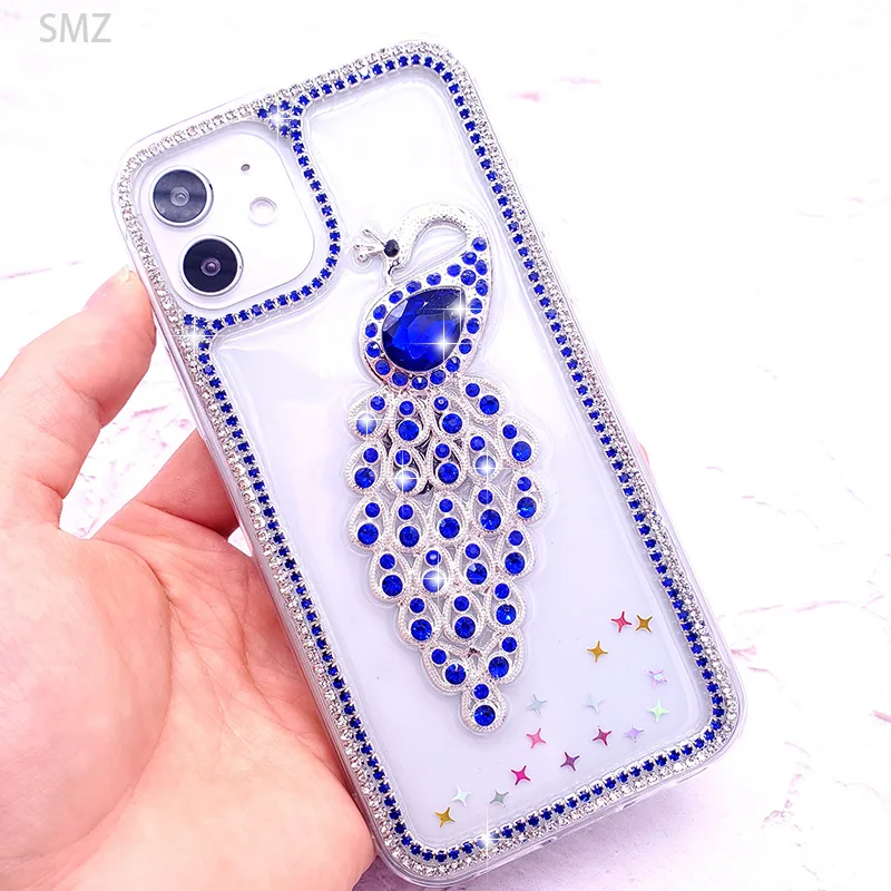 

Peacock Diamond Gem Transparent Phone Case For Apple iPhone 10 Xs 12 11 Pro Max Xr TPU Pink Blue Bumper Covers Funda 아이폰 플러시 케이스