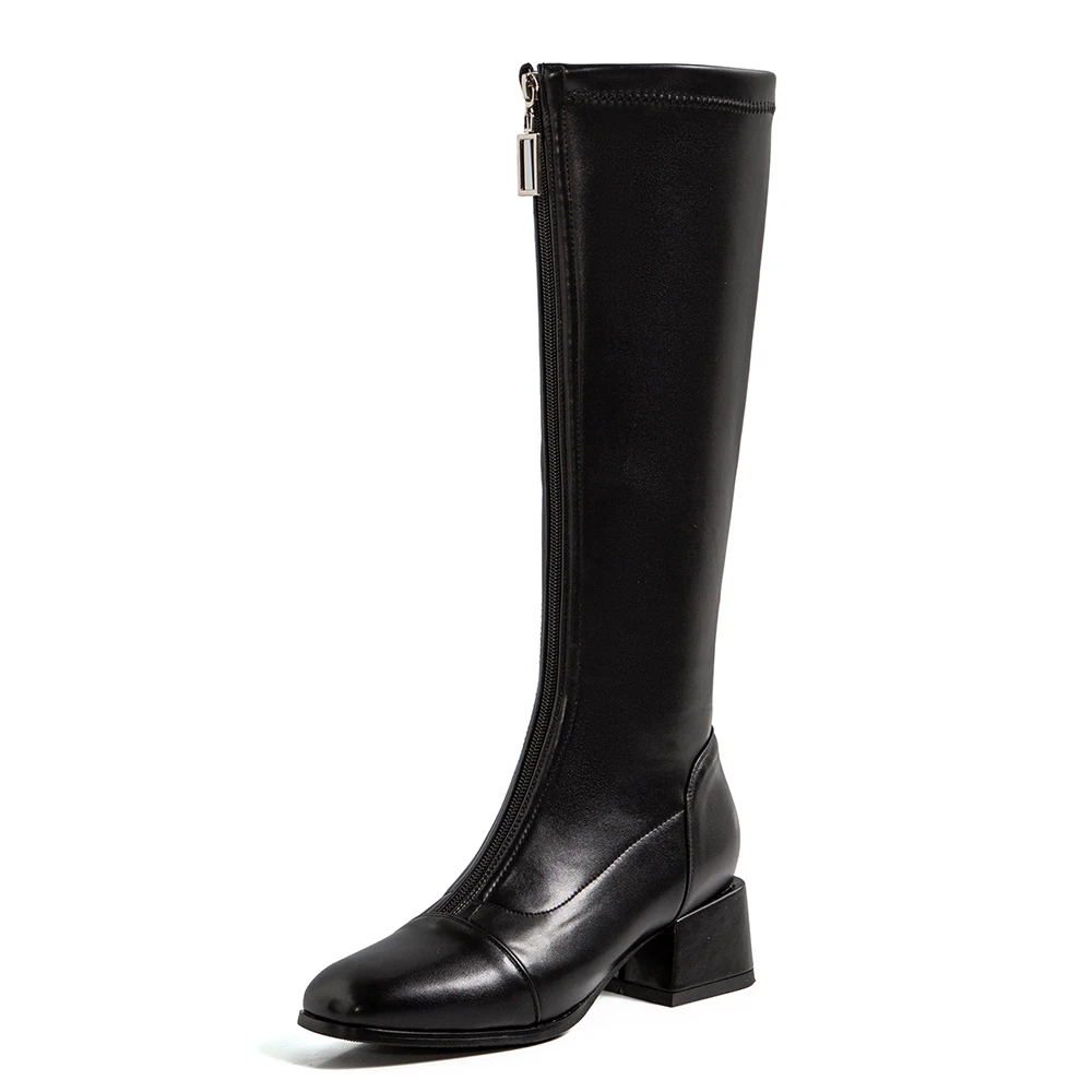 

Рыцарские сапоги на толстом каблуке с квадратным носком и металлической пряжкой, новинка весны 2021, коричневые Прошитые женские сапоги до колена в стиле ретро