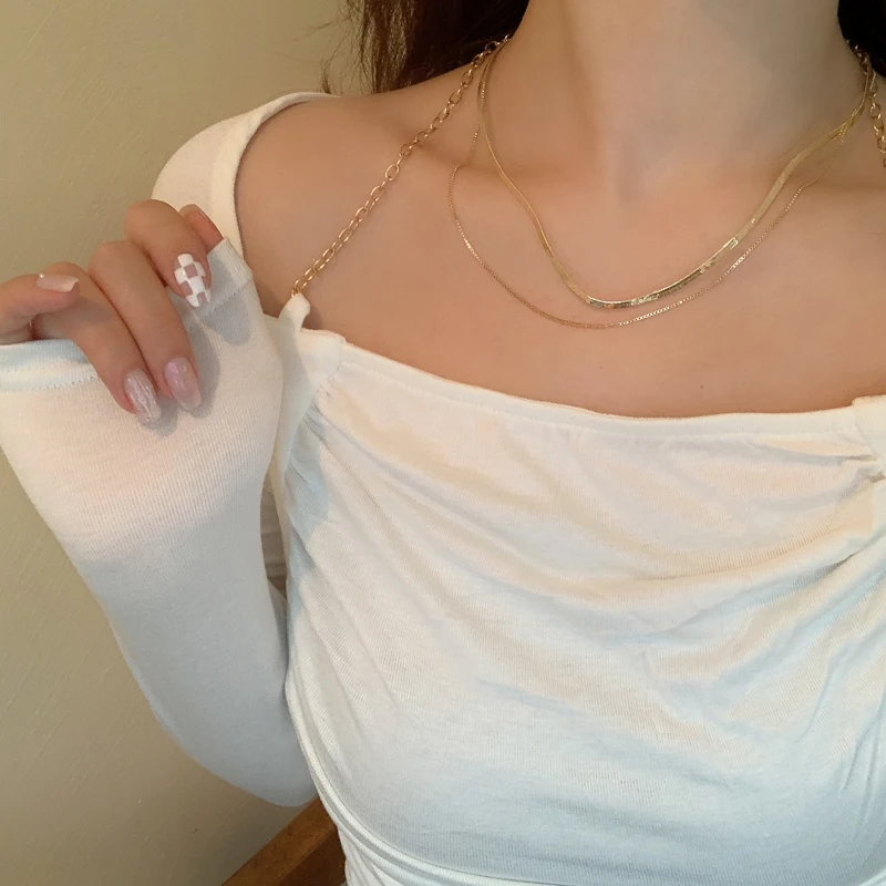 

Modern Jewelry Two Layer Snake Chain Necklace Hot Sale Simple Design Golden Plating Fashion Women Necklace For Party Gifts