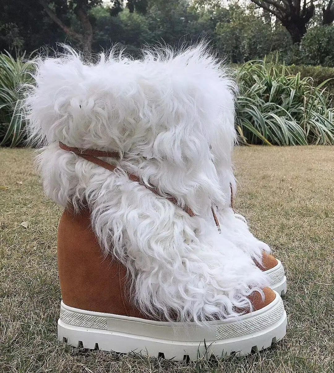 Eskimo Winter Curly Wool Fur Snow Boots 10cm inner wedge Height Increasing Ankle Boots Bandage Fur Boots Woman Short Booties