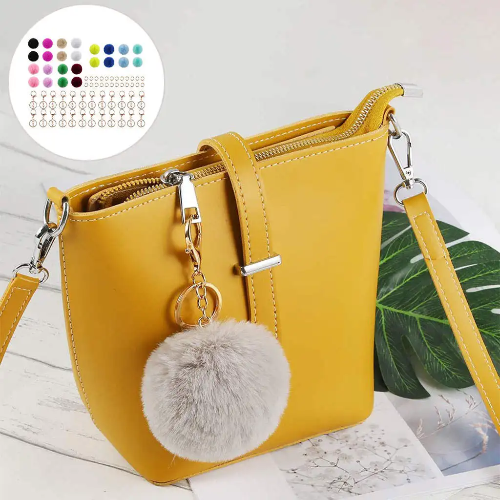 72x Soft Pompom Ball Keychain Kit Keyrings Hanging Key Holder Plush Charm 6cm for Key Chain Decor Hats Cell Phone Girls Ladies