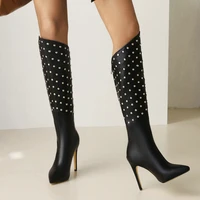 sexy knee height black white women high boots pointed toe stiletto heels ladies boots metal decoration winter boots women shoes