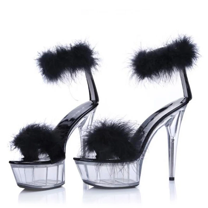 

Fur Platform Sandals Crystal 15cm High Heels Summer Shoes Woman Transparent Women Shoes Clear Heel Peep Toe Ladies Shoe Big Size