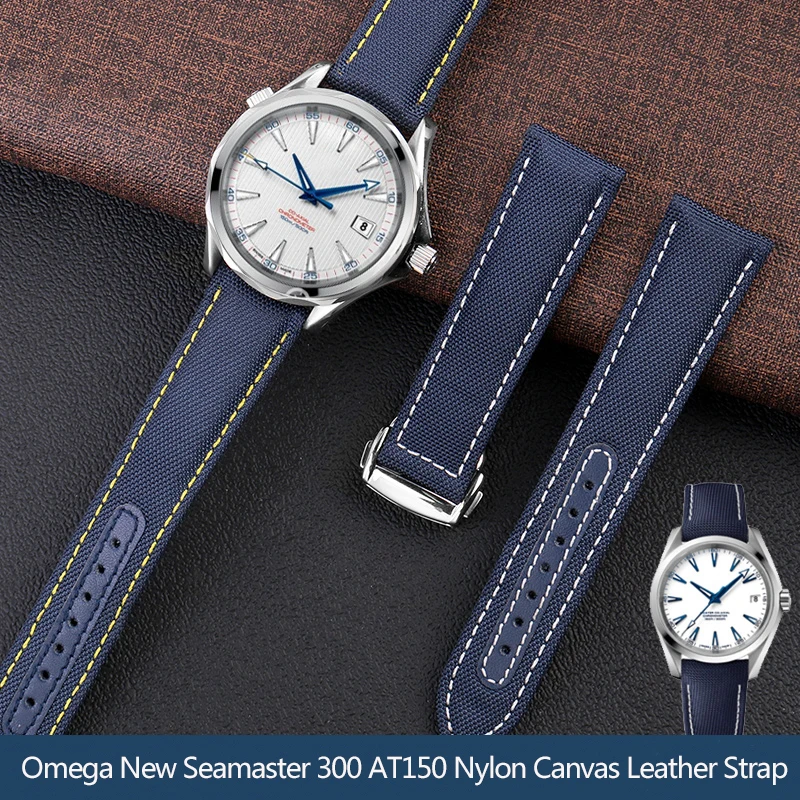 Correa de lona tejida para reloj Omega Seamaster 300 AT150, tela de cuero, nailon, AQUA TERRA 150, Azul, Negro, 19mm, 20mm
