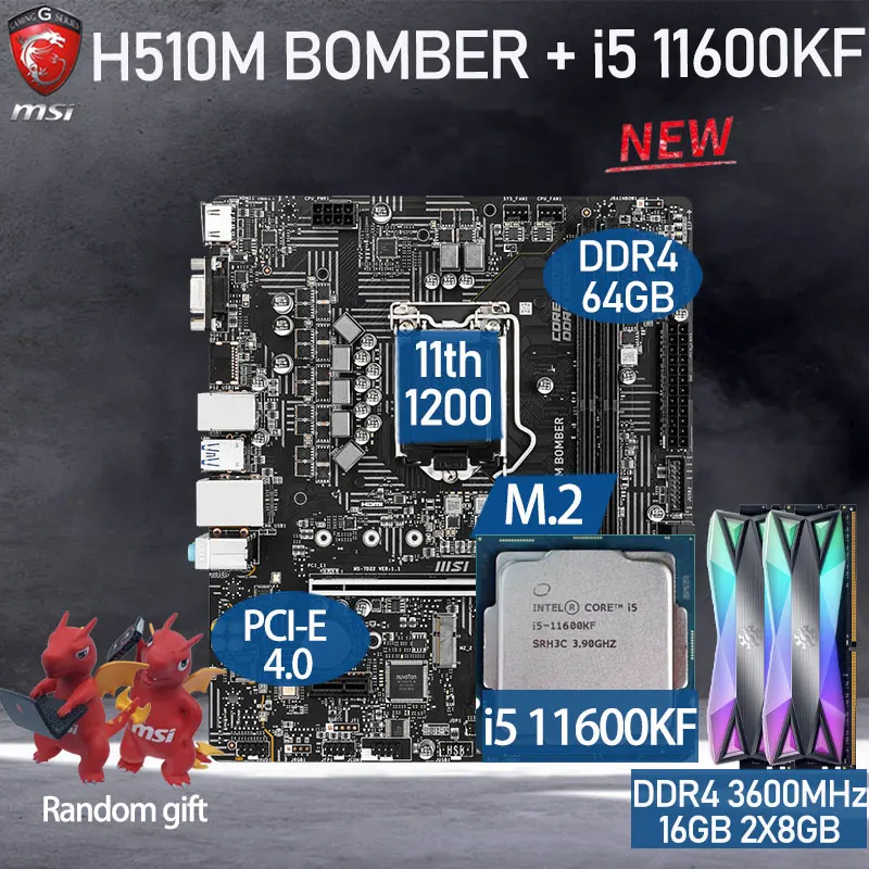 

LGA 1200 MSI H510M комплект материнской платы бомбардировщика + Intel Core i5 11600KF комбо + ОЗУ DDR4 16 Гб 3600 МГц M.2 комплект материнской платы H510