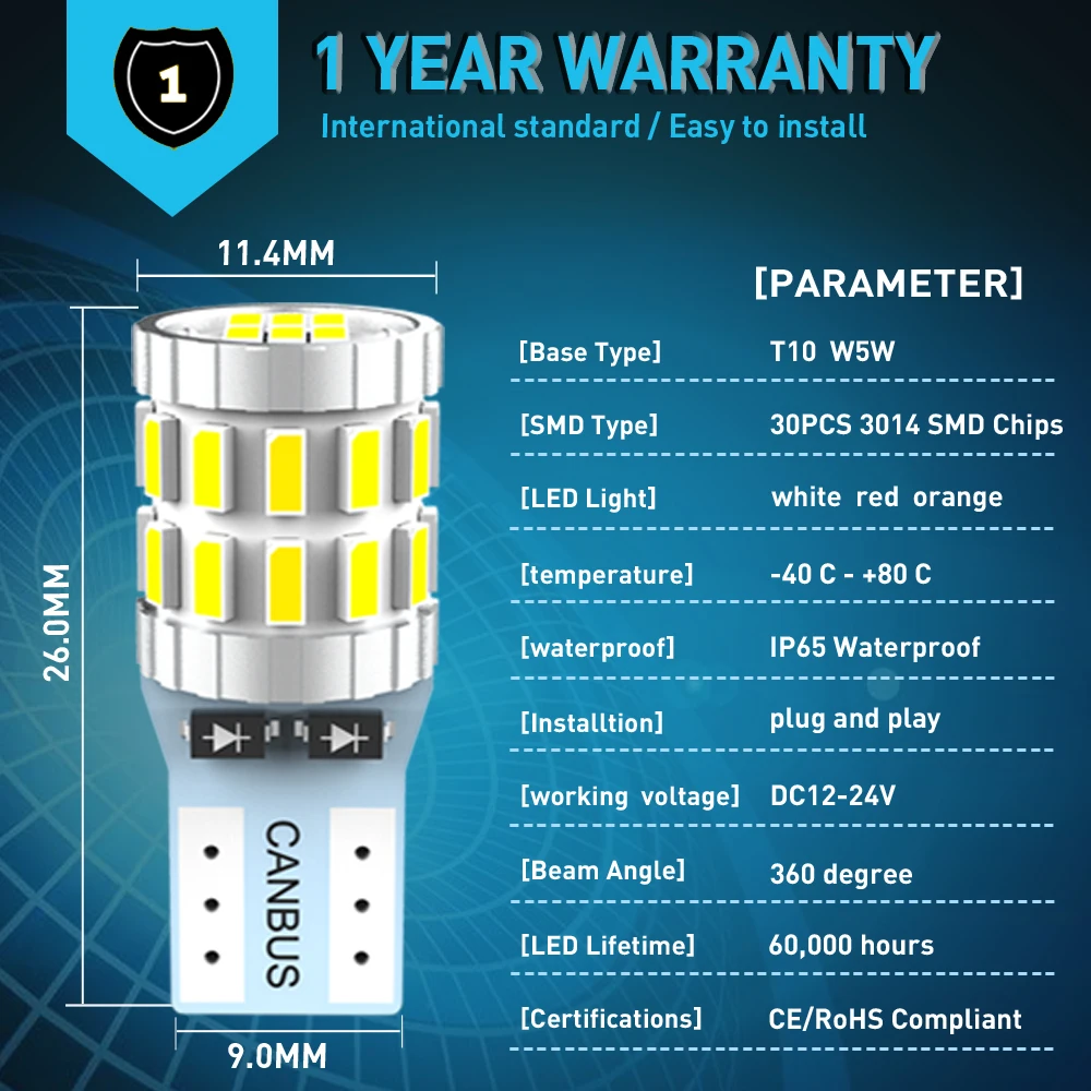 2 шт. светодиодный T10 W5W лампочки Canbus для системы автостоянки с защитой от позиции