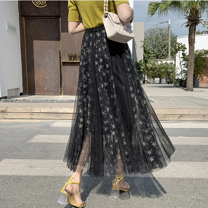

Mesh Skirts Woman Spring Summer Bohemian Lace Pleated Midi Skirt Casual Elastic Waist Girls Blue Pink Skirt falda circular