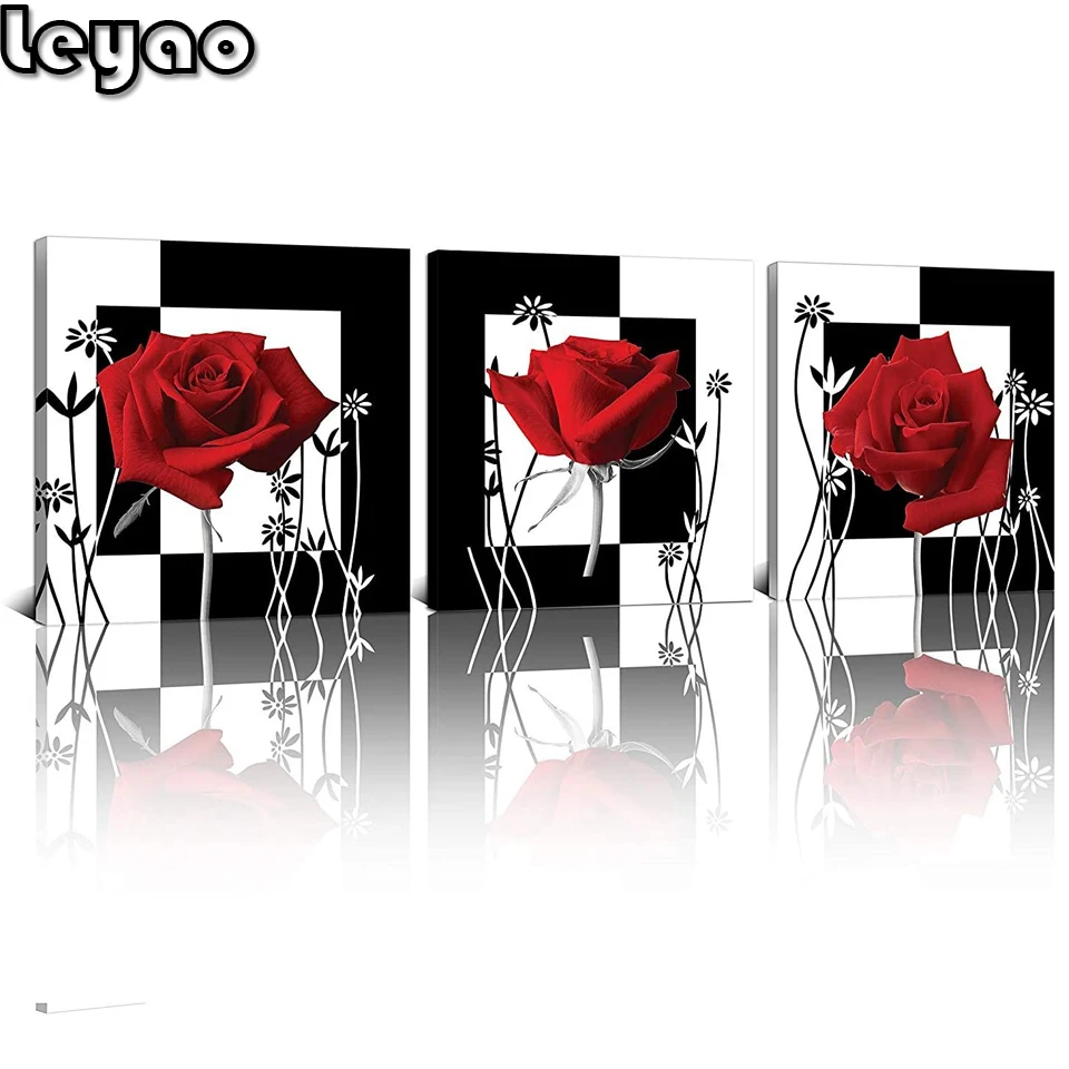 

3 pieces diy 5D diamond painting modern red rose flower cross stitch full square round drill embroidery triptych home decor