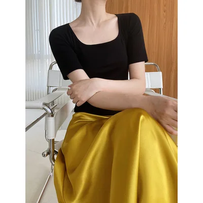 

2021 New fashion T-shirt Solid color women's square collar shirt cotton shirt