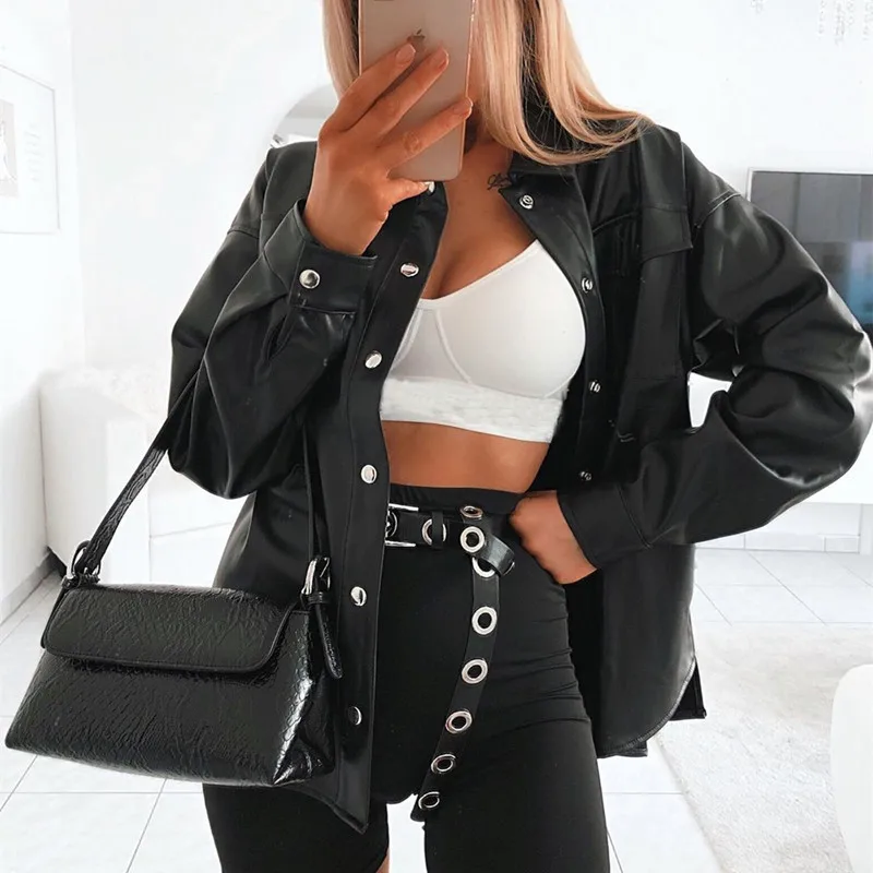 

WeiYao Black Leather Blouse Women Casual Plus Size Elegant Blouse Long Sleeve Button Pocket Winter Office Blouses Ladies 2021