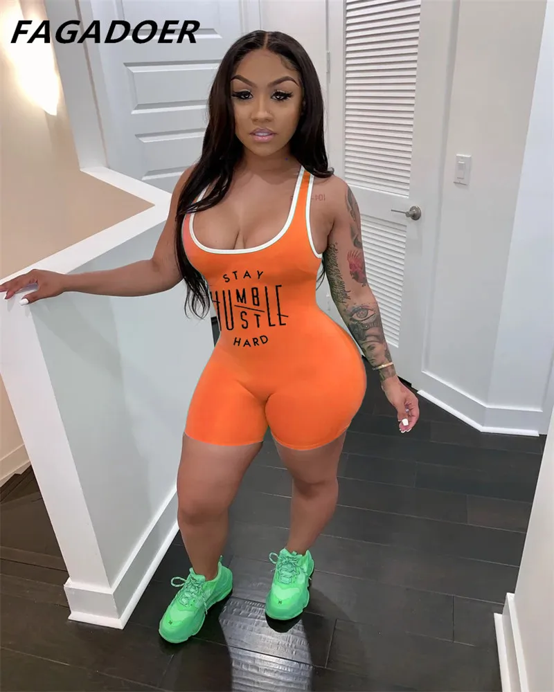 Sporty Casual Summer Playsuit Women Sleeveless Short Romper Sexy Bodycon Female Fashion Letter Print Bodysuit Street Rompers