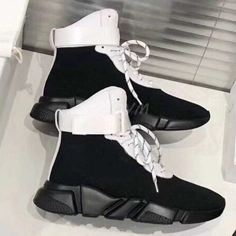 

Luxury Brand High Top Thick Sole Sock Shoes Mixed Colors White Black Shoes Woman Ankle Boots Man Sneakers Couple Unisex
