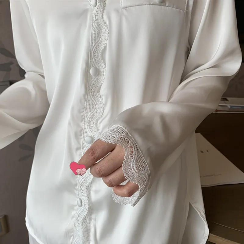 

White Silk Like Women's Pajamas Set Autumn Long-sleeved Nighties Palace Style Sleepwear Set Black Beautiful Home Nighty Suit