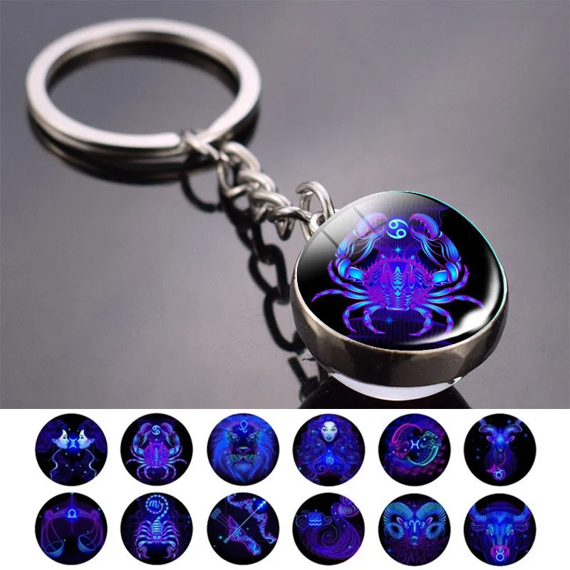 

Car pendant chain ring 12 constellations double-sided pile glass male and female jewelry birthday gift keychain charms keychains