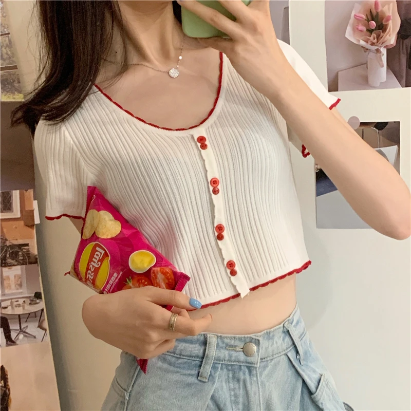 

Топ женский трикотажный, с коротким рукавом, на пуговицах, в Корейском стиле, T484, лето, 2020