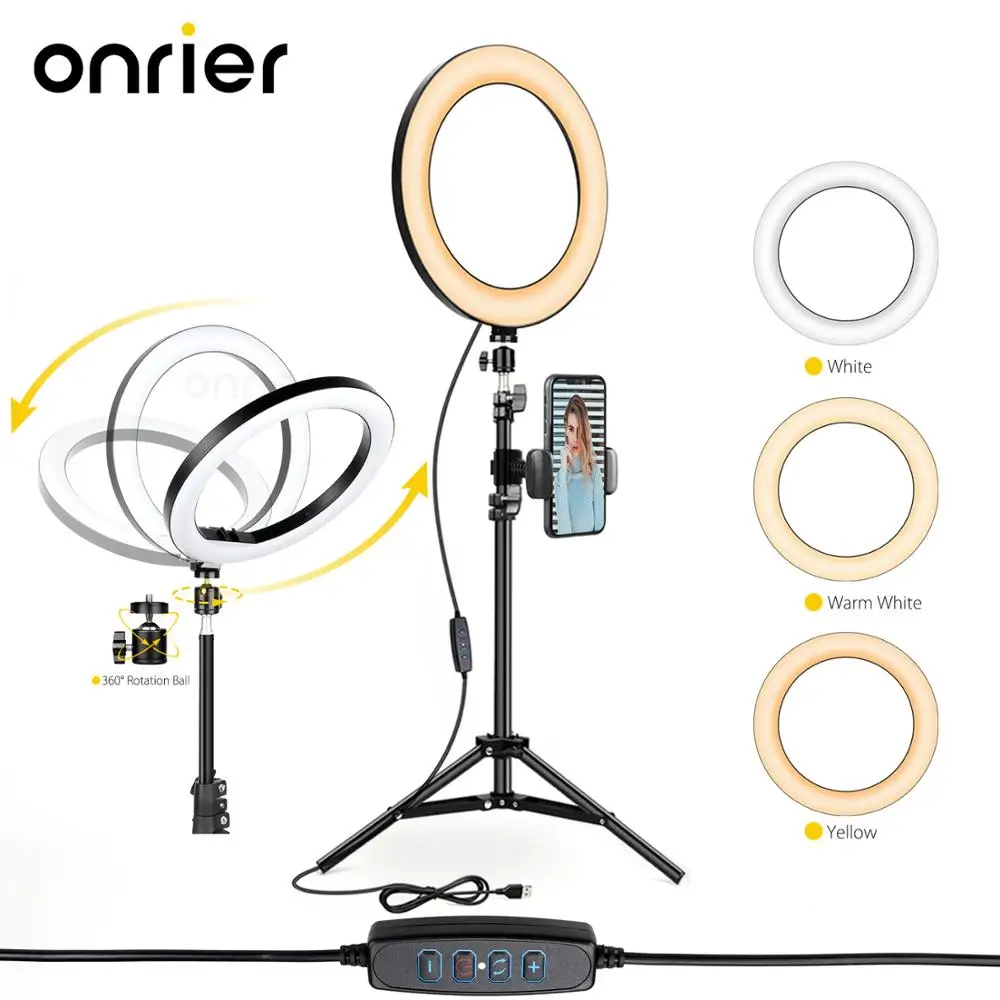 

Светодиодный кольцевой светильник Onrier, кольцевой светильник для камеры, штатив, подставка для телефона, держатель для фото интервью на YouTube,...