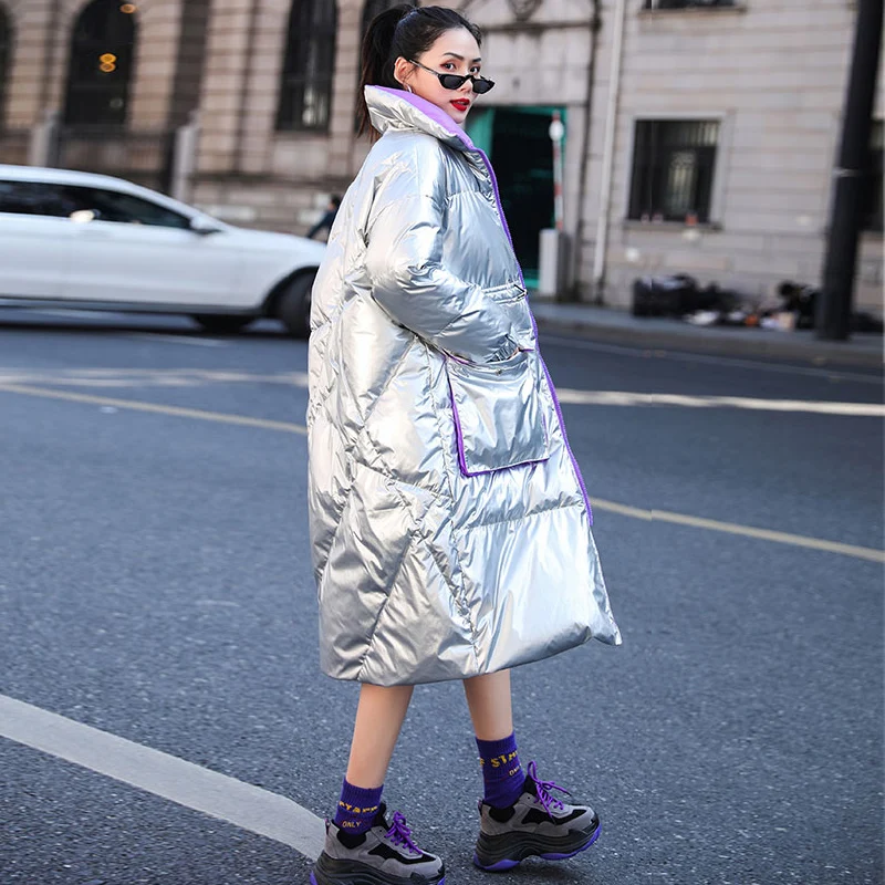 Женский зимний пуховик с воротником-хомутом серебристый и черный 90% | Женская