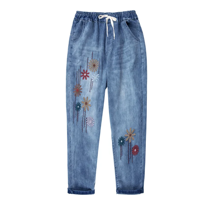 

Women 4xl Plus Size Loose Casual Vintage Sweet Flower Embroidery Jeans Female Elastic Waist Ankle Length Blue Denim Harem Pants