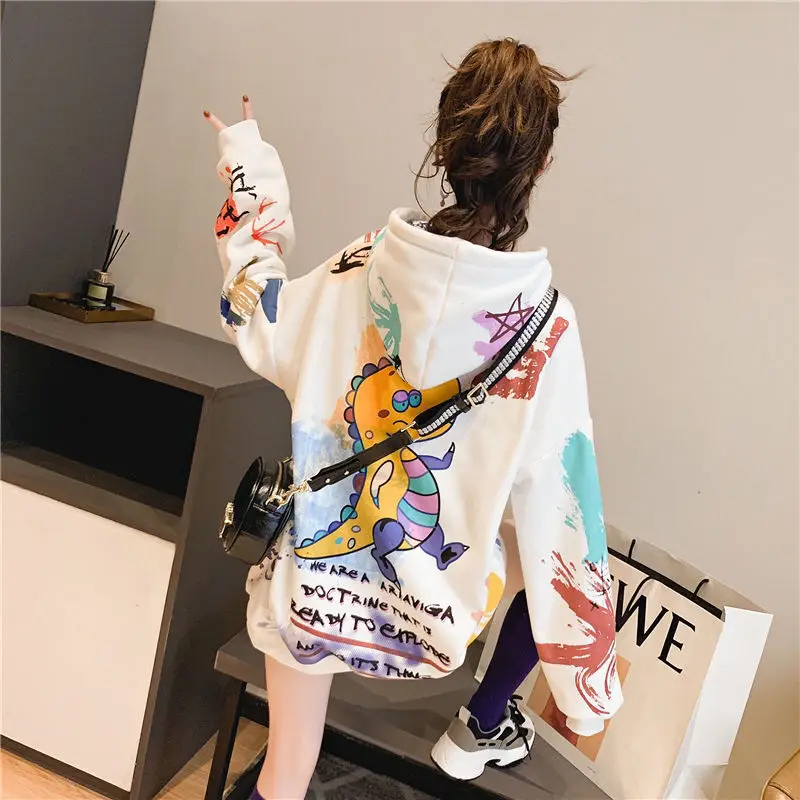 

Women hooded graffiti print plus velvet thick ladies hooded ins super fire lazy style jacket spring and autumn thin