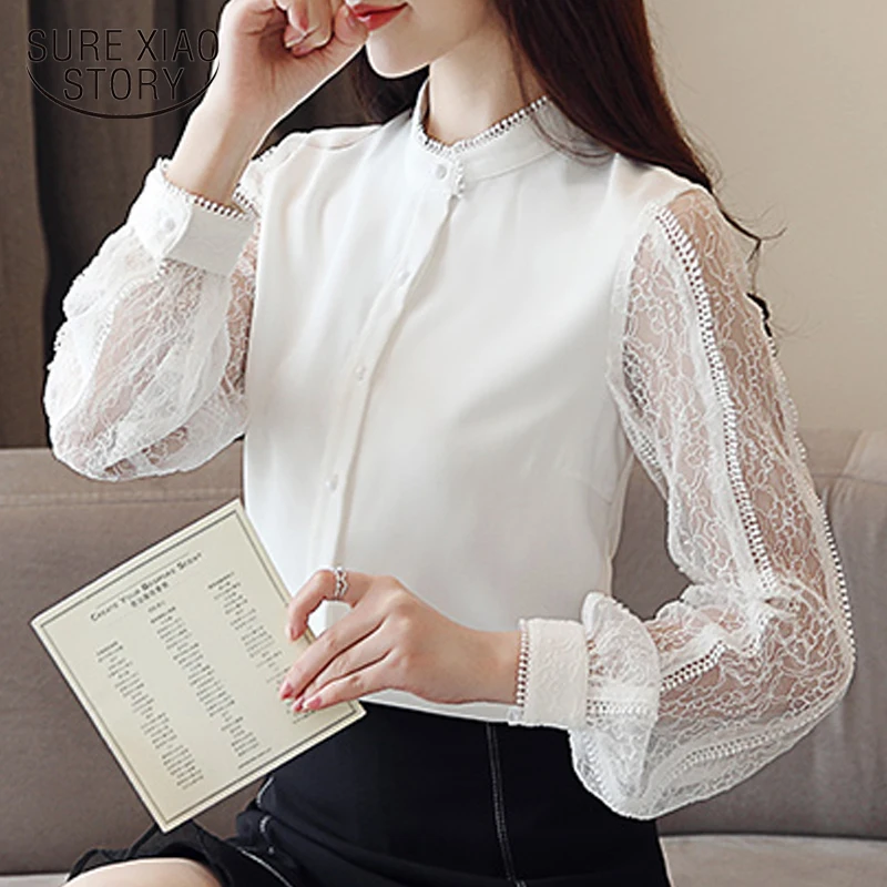 

Blusa feminina 2019 New Fashion Women shirt Patchwork Lace Chiffon blouse Lantern sleeve OL lace Tops White shirt 5990 50
