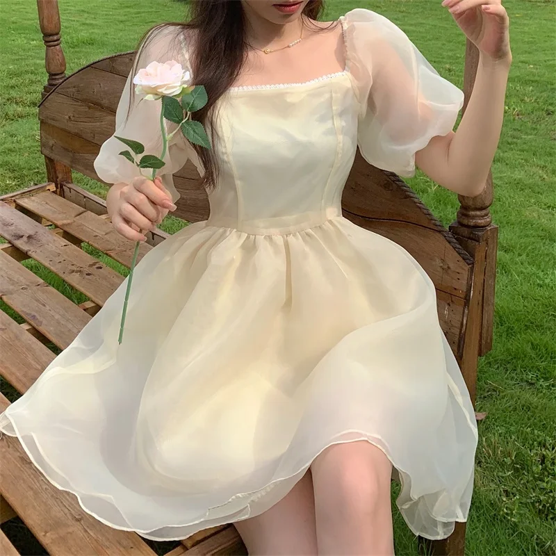 

Korean Summer College Style Dress Kawaii Square Collar Lace Sweet Puff Sleeve Gauze Vintage A-Line Mini Princess Dresses Female