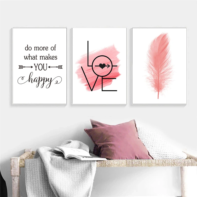 

Современные романтические принты, плакаты для любви в простом скандинавском стиле, постеры с розовыми перьями и картины на холсте для гости...