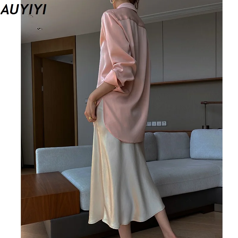 

AUYIYI Candy Solid Color Satin Silk Skirt Women High Waisted Summer Long New 2021 Elegant Ladies Office Skirts Midi Spring