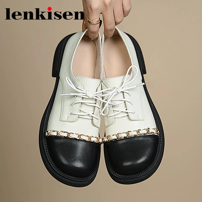 

Lenkisen mixed colors shoes real cow leather chains round toe splicing med heels carving cross-tied big size 42 cozy pumps l18