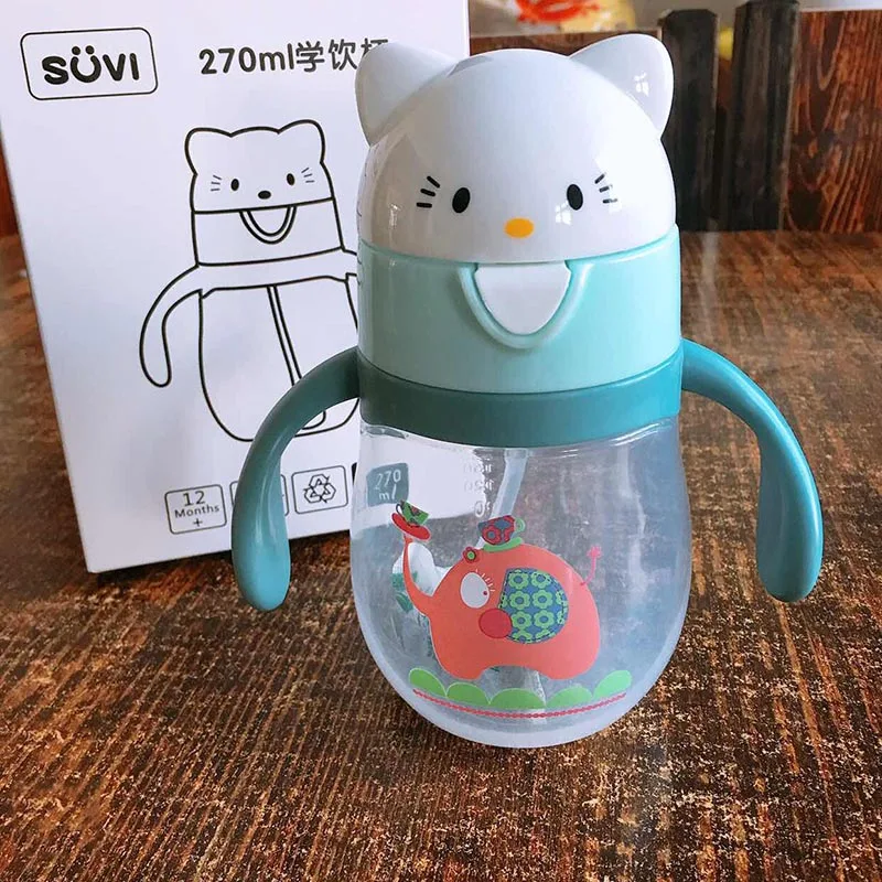 Blue Cat Suvi Обучающая бутылочка с трубочкой для питья и воды, обучающая чашка mamadeira, чашка для кормления ребенка, 270 мл - Цвет: Blue Cat Suvi