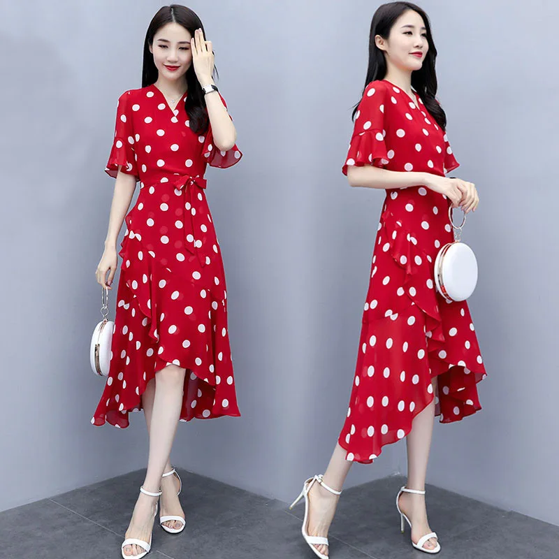 

Женское пляжное платье средней длины, красное элегантное асимметричное платье с V-образным вырезом, оборками и коротким рукавом, в горошек, ...