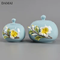 flower decoration ceramic tea tins with lid relief craft porcelain tea leaf jars teahouse coffee table teaware organizer tanks