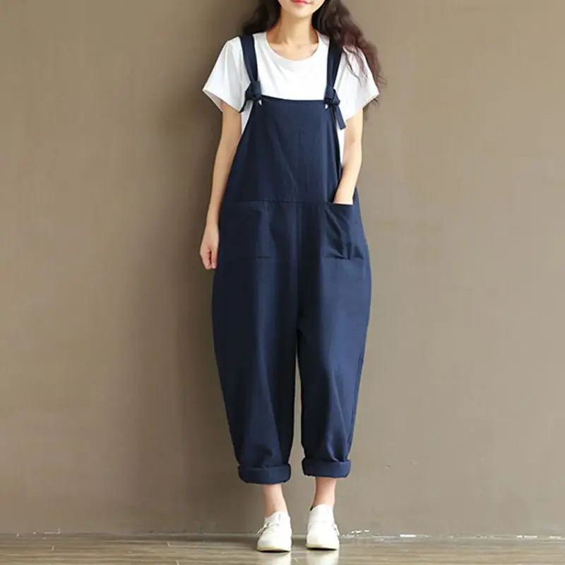 

Female Korean Style Cute Children Spring Summer Casual Vintage Literary Wild Pocket Loose Bibs Cotton Wide Leg Pants