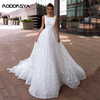 roddrsya shinny sequined wedding dress 2021 glitter tulle scoop neck with belt country bridal gowns backless wedding party dress