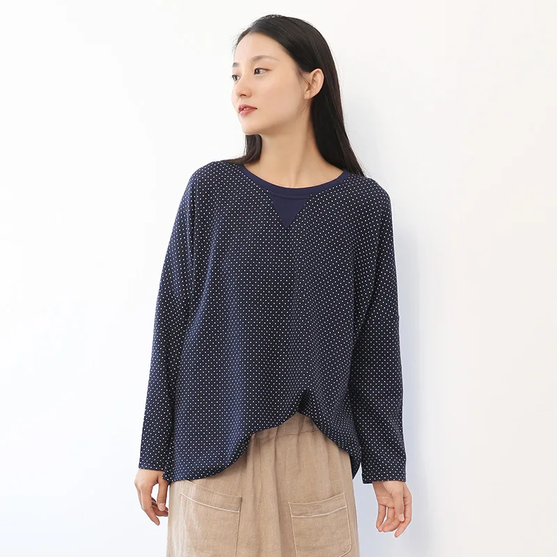 Navy blue Johnature, осень, новинка, длинный рукав, узор в горошек, футболки для женщин, повседневная одежда с круглым вырезом, свободные мягкие Лоскутные женские корейские футболки - Цвет: Navy blue