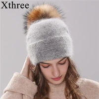 xthree new womens hat winter beanie knitted hat angola rabbit fur bonnet girl s hat fall female cap with fur pom pom