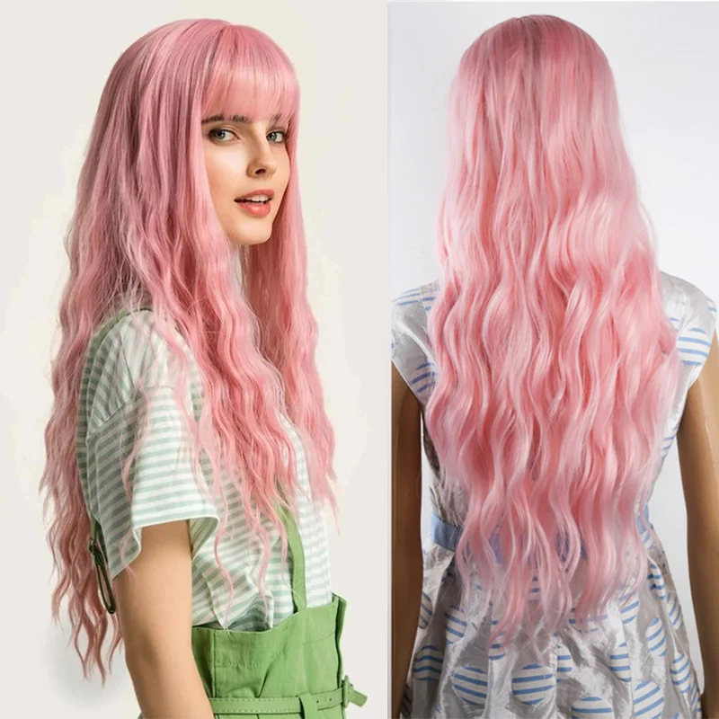 

Amir Synthetic Long Curly Wave Wig with Bangs Blonde Pink Fake Hair Deep Curly Wavy Wigs for Women Cosplay Party Daily Use