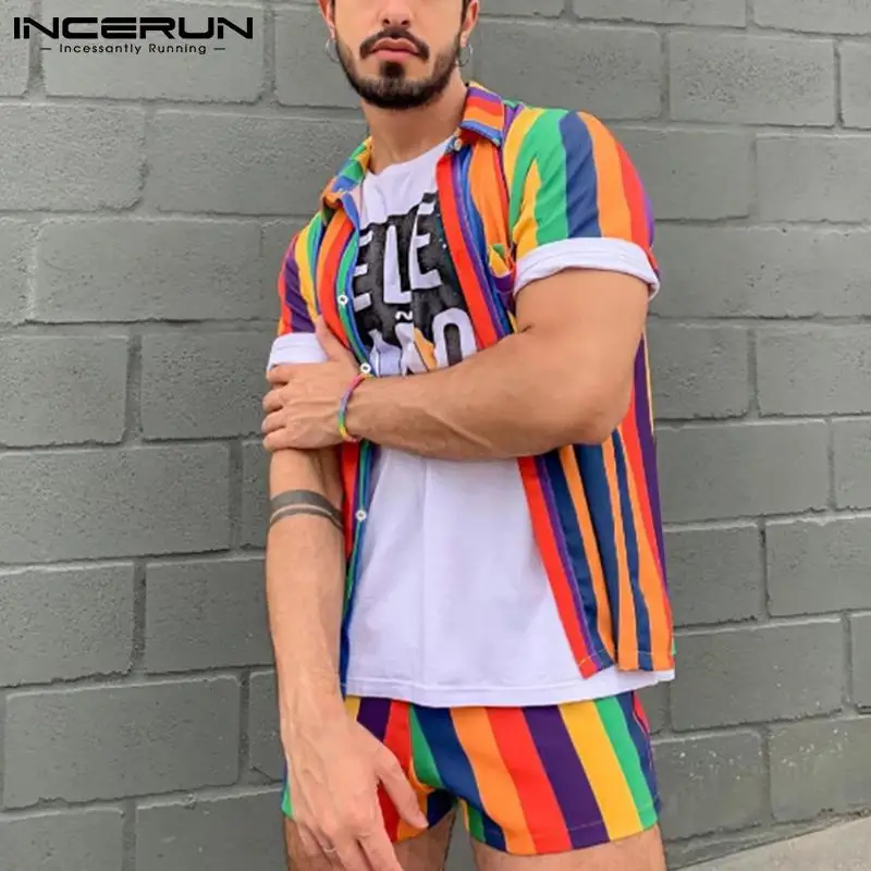 

INCERUN 2021 Fashion Men Striped Sets Colorful Vacation Lapel Short Sleeve Shirt Casual Shorts Streetwear Men Hawaiian Suits 5XL
