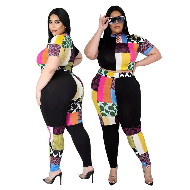 

Plus Size Women Two 2 Piece Outfits Set Summer Black T Shirt Femme Pant Suits Streetwear Loungewear Set Wholesale Dropshipping