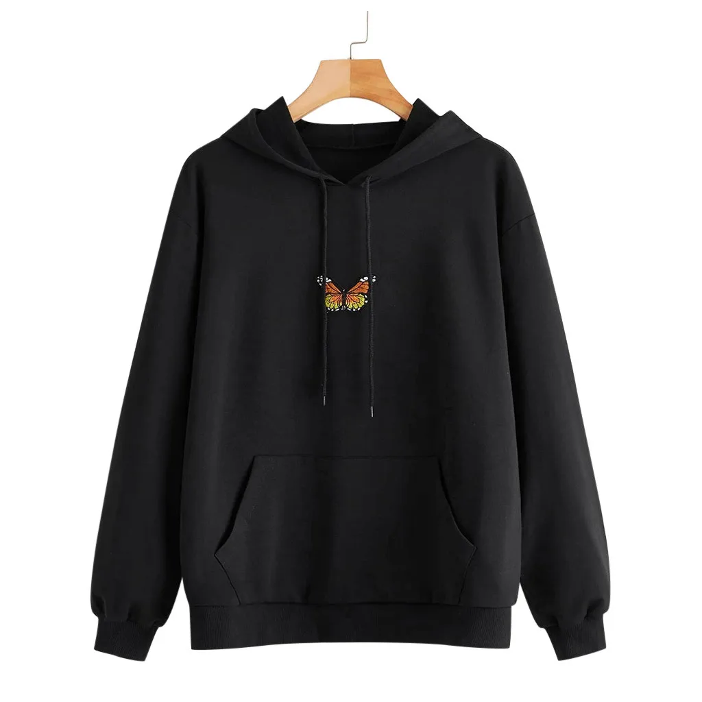 Women Butterfly Sweatshirt Long Sleeve Pocket Pullover Hoodie Tunic Top Blouse Las Mujeres Sweetshirts Спортивный Костюм Женск