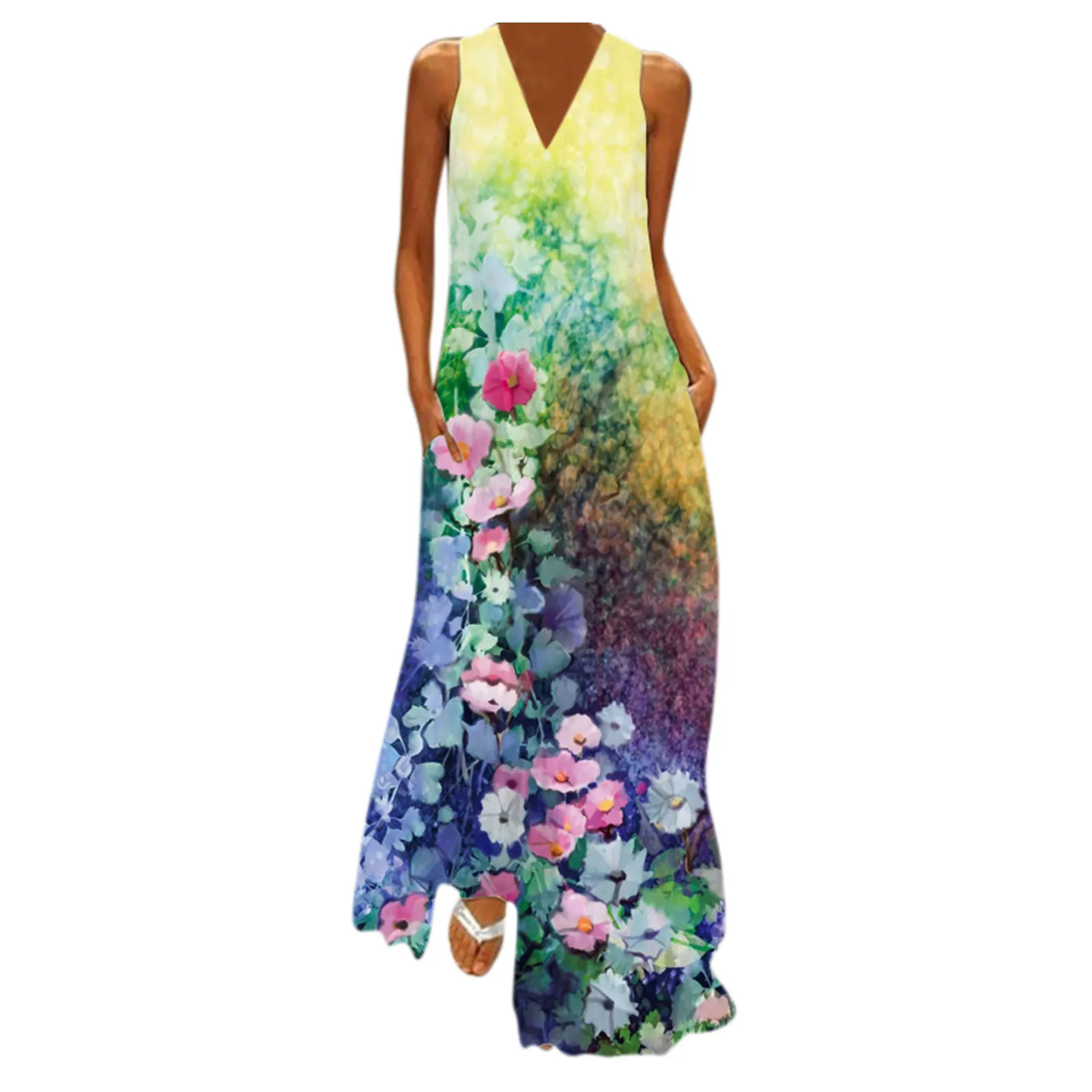 

Women Sleeveless Print V-neck Maxi Dress Summer Party Cami Dress with Pockets