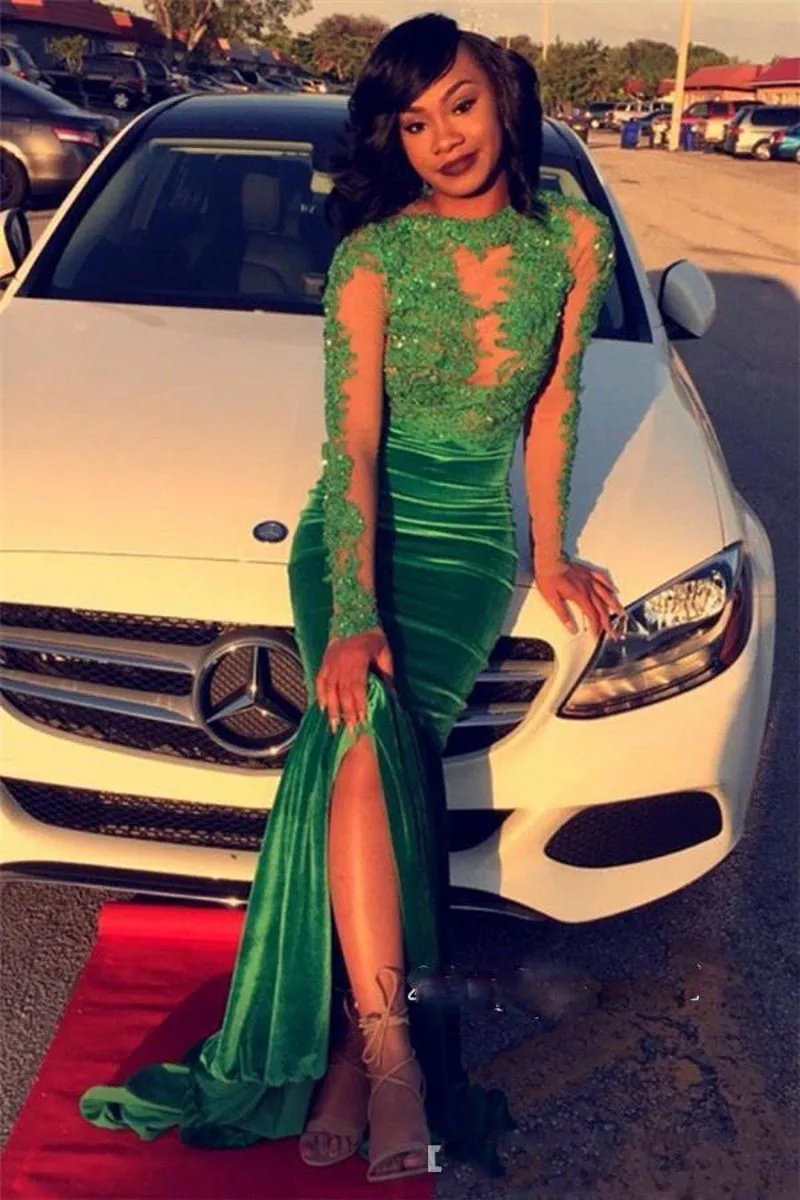 

Charming Green Mermaid Prom Dresses 2020 Sexy Sheer Back Lace Appliques Long Sleeves Evening Gowns Arabic Formal Party Dress