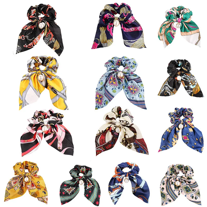 

New Chiffon Bowknot Silk Hair Scrunchies Women Pearl Ponytail Holder Hair Tie Hair Rope Rubber Bands Hair Accessories jewelry