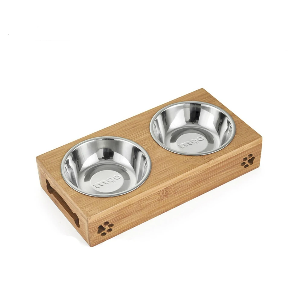 

New Popular Home Pet Stainless Steel/Ceramic Feeding and Drinking Bowls Combination with Bamboo Frame for Dog Cat Puppy