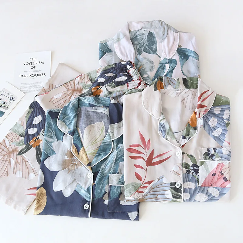 2021 Spring Summer Cotton Satin Full Sleeved Cardigan+Pants Women's Flower-Shaped Pajamas Set Lapeled Thin & Cool 2Pcs Homeware