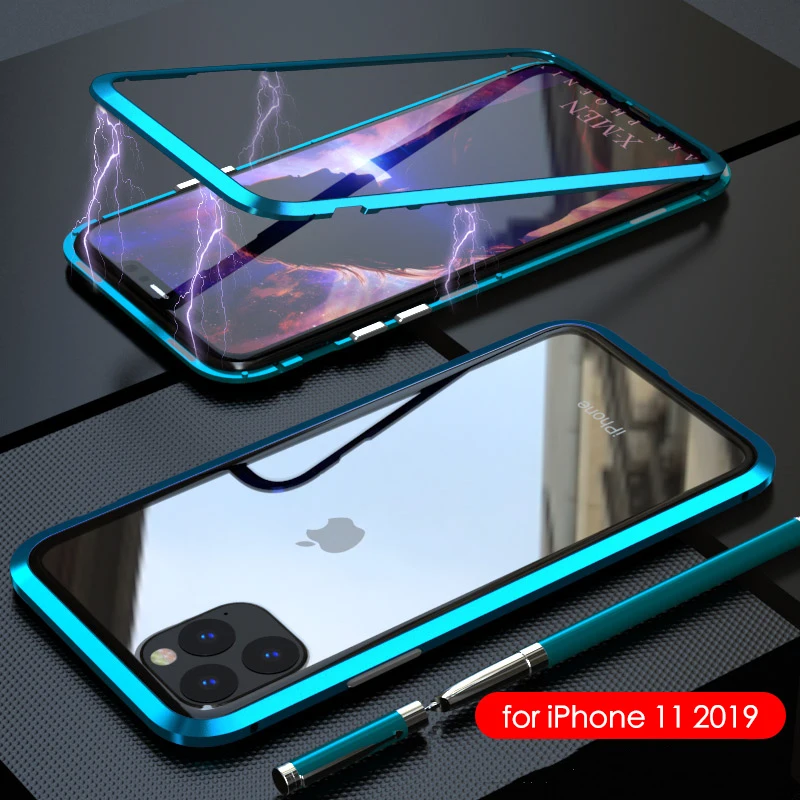 Зеленый Роскошная Магнитная Адсорбция задняя крышка для iPhone 11 закаленное стекло встроенный Магнит чехол для iPhone 11 металлический бампер чехол - Цвет: Зеленый
