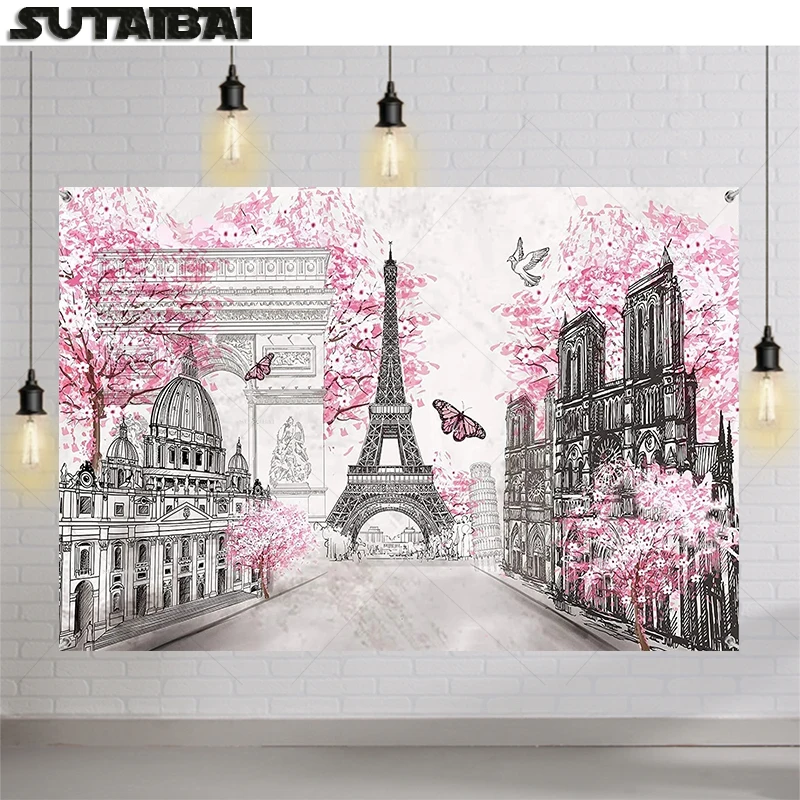 Розовый фон для фотосъемки с изображением Парижа Эйфелевой башни городского уличного пейзажа модных девушек вечеринок новорожденных фоны для фотостудии