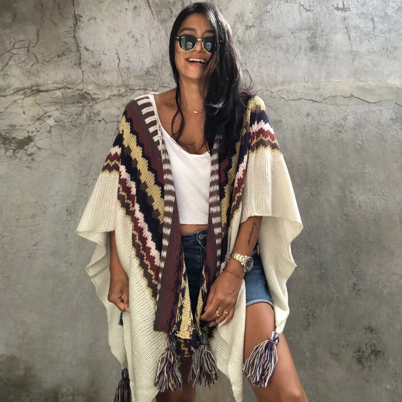 

Navajo Style Poncho Autumn Knit Cardigans With Tassels Boho Bat Wing Argyle Pattern Weave Sweater Cape Beige Cloak Duster Coats